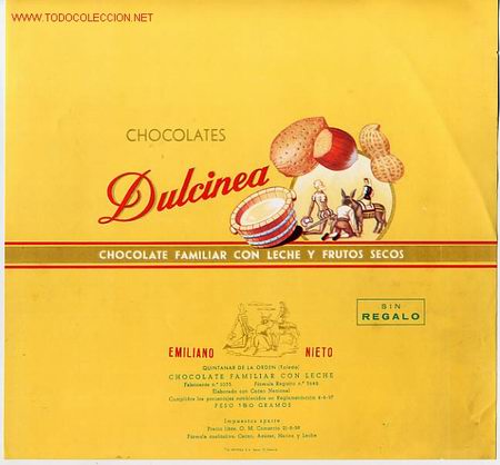 Etiquetas antiguas: CARTEL ETIQUETA EMBOLTORIO DE CHOCOLATES DULCINEA ECH1, TEMA QUIJOTE