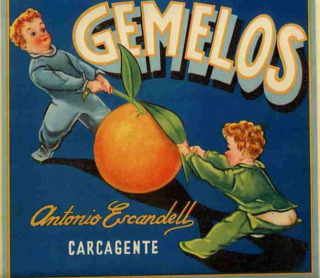 Etiquetas antigas: CARTEL ITO ETIQUETA GRANDE DE NARANJAS NI&Ntilde;OS GEMELOS CARCAGENTE VALENCIA ORIGINAL