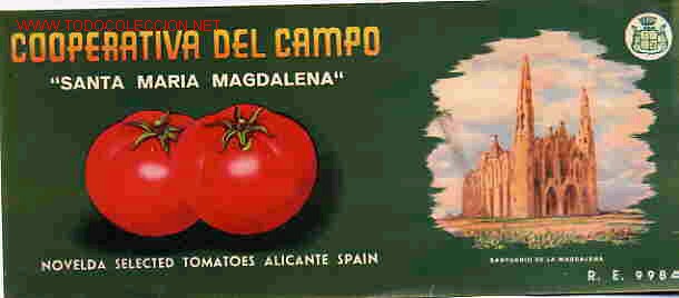 Etiquetas antiguas: ETIQUETA CARTEL ITO TOMATES SANTA MARIA MAGDALENA COOPERATIVA DEL CAMPO ALICANTE ORIGINAL K15