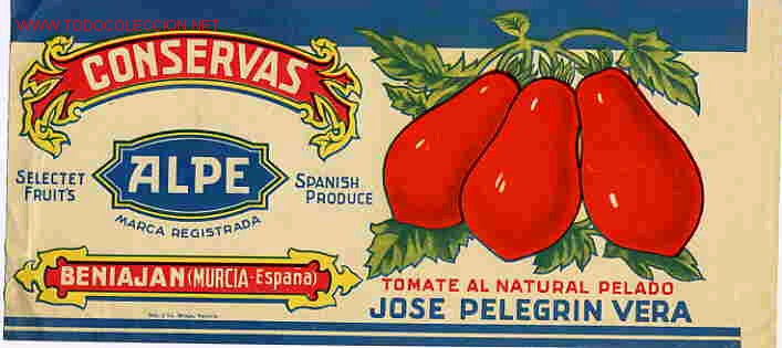 Etichette antiche: ETIQUETA CARTEL ITO TOMATES CONSERVAS ALPE JOSE PELGRIN VERA BENIAJAN MURCIA ORIGINAL K15