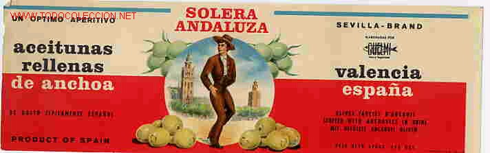 Old Labels: ETIQUETA CARTEL ACEITUNAS SOLERA ANDALUZA SEVILLA