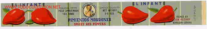 Old Labels: ETIQUETA CARTEL PIMIENTOS MORRONES EL INFANTE BENIAJAN ORIGINAL K16