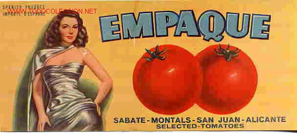 Etiquetas antiguas: ANTIGUA ETIQUETA CARTEL TOMATES EMPAQUE SABATE MONTALS SAN JUAN ALICANTE ORIGINAL K15