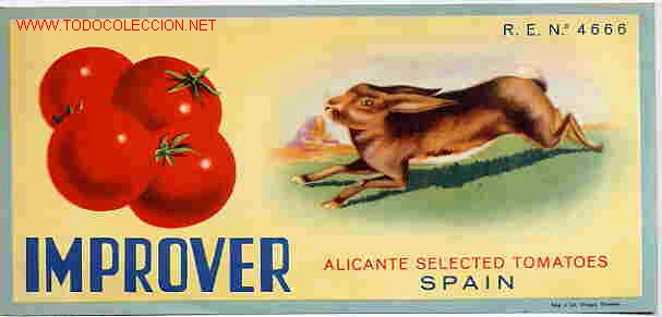 Alte Etiketten: ANTIGUA ETIQUETA CARTEL TOMATES IMPROVER CONEJO ALICANTE ORIGINAL K15
