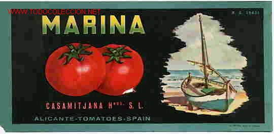Etiquetas antiguas: ANTIGUA ETIQUETA CARTEL TOMATES MARINA BARCA CASAMITJANA ALICANTE ORIGINAL K15