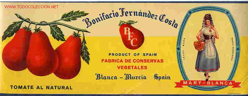 Old Labels: GRAN ETIQUETA CARTEL TOMATES BONIFACIO FERNANDEZ MARY-BLANCA BLANCA MURCIA MUY GRANDE ORIGINAL K15
