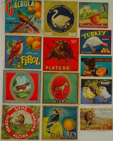 Old Labels: LOTE 13 ETIQUETAS GRANDES DE FRUTAS TEMA ANIMALES