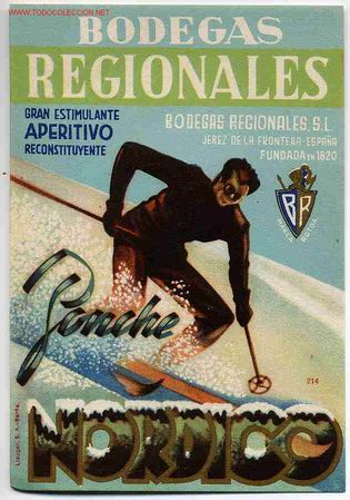 Etiquetas antiguas: ETIQUETA PONCHE NORDICO SKI ESQUIANDO ESQUI NIEVE BODEGAS DE JEREZ ER 74