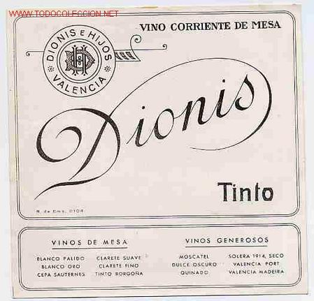 Etiquetas antiguas: ETIQUETA VINO DIONIS ER 209