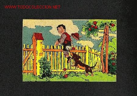 Old Labels: Bonita etiqueta litografica: Ni&ntilde;o saltando una reja