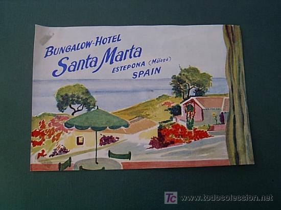Etiquetas antiguas: ETIQUETA HOTEL SANTA MARTA - ESTEPONA MALAGA, 15CM, SIN ENGOMAR, CORREO 0.75&euro;.