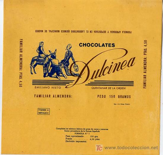 Etiquetas antiguas: CARTEL ETIQUETA EMBOLTORIO DE CHOCOLATES DULCINEA ECH 5 , TEMA QUIJOTE
