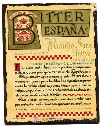 Etichette antiche: ETIQUETA   , LICOR BITTER ESPA&Ntilde;A , RICARDO SANZ , JATIVA VALENCIA   S325