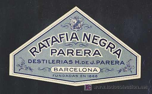 Etiquetas antigas: Etiqueta de licor RATAFIA NEGRA de Parera. Troquelada