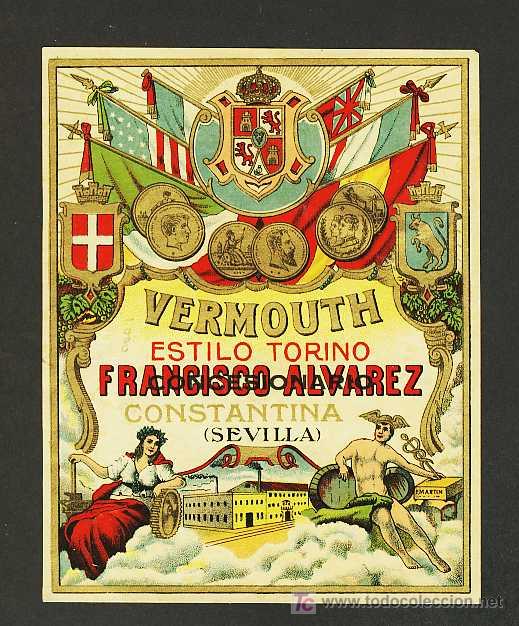 Etiquetas antiguas: Etiqueta de VERMOUTH Francisco Alvarez de Sevilla. Litografica