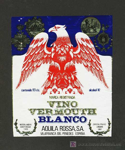 Etiquetas antiguas: Etiqueta de VERMOUTH Blanco Aquila Rossa, de Vilafranca del Penedes