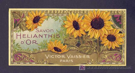 Etiquetas antigas: Etiqueta de perfumeria SAVON HELIANTHIS D' OR. Modernista, en relieve. Art nouveau perfum label.