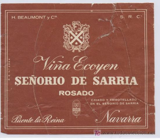 Etiquetas antiguas: ETIQUETA DE VINO VI&Ntilde;A ECOYEN SE&Ntilde;ORIO DE SARRIA ROSADO PUENTE LA REINA NAVARRA ESPA&Ntilde;A