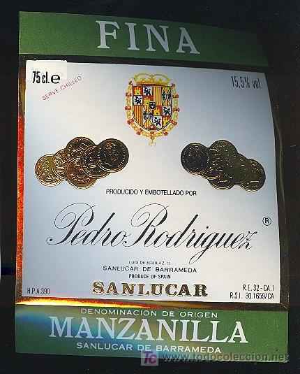 Old Labels: ETIQUETA DE VINO DE MANZANILLA FINA. PEDRO RODRIGUEZ. SANLUCAR DE BARRAMEDA.