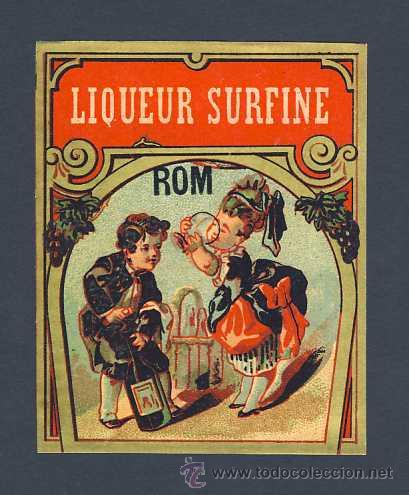 Old Labels: Etiqueta de RON LIQUEUR SURFINE. Rhum label. Litografica