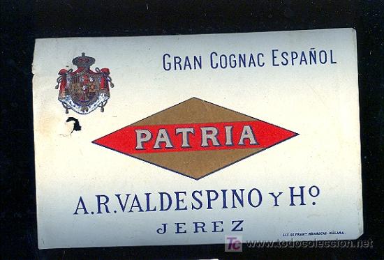 Etichette antiche: ETIQUETA DE GRAN COGNAC ESPA&Ntilde;OL PATRIA. A.R VALDESPINO Y COMPA&Ntilde;IA. JEREZ.