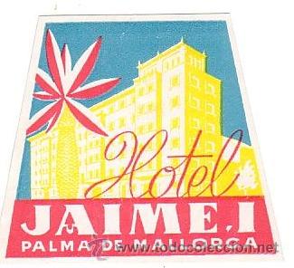 Etiquetas antiguas: Etiqueta Hotel - HOTEL JAIME I- AMARILLO CELESTE MALLORCA- BALEARES-.MEDIDAS IRREGULARES 70 X80 mm