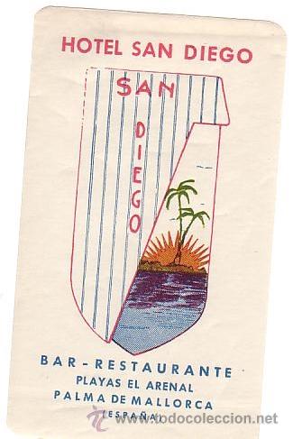 Etiquetas antiguas: Etiqueta Hotel - HOTEL SAN DIEGO - PLAYA DEL ARENAL- MALLORCA- BALEARES- 120X 70-
