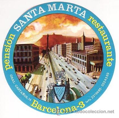 Etiquetas antiguas: Etiqueta Hotel - PENSION SANTA MARTA - -BARCELONA -DIAMETRO 100 mm-ILUSTRACION GRAFICA