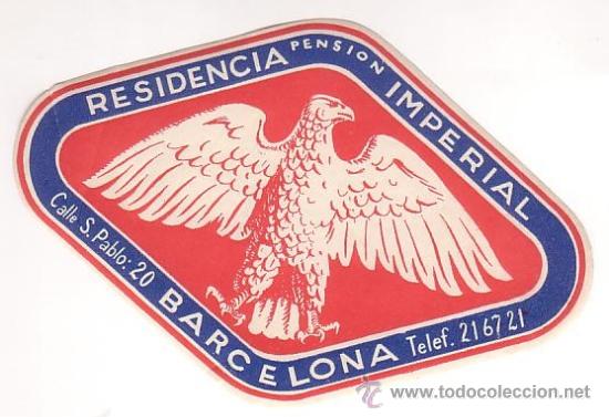 Etiquetas antiguas: Etiqueta Hotel -ESPA&Ntilde;A - RESIDENCIA PENSION IMPERIAL - -BARCELONA -.OVAL 105 X 70 mm bicolor