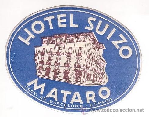 Etiquetas antiguas: Etiqueta Hotel - HOTEL SUIZO- JUEGO DE DOS - AZUL / BLANCO -Barcelona-OVAL 110 X 85 mm ilustra