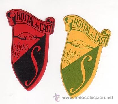 Etiquetas antiguas: Etiqueta Hotel -ESPA&Ntilde;A  -  HOSTAL DE L'AST-JUEGO DE DOS Barcelona-.IRREGULAR 70 X 40 mm