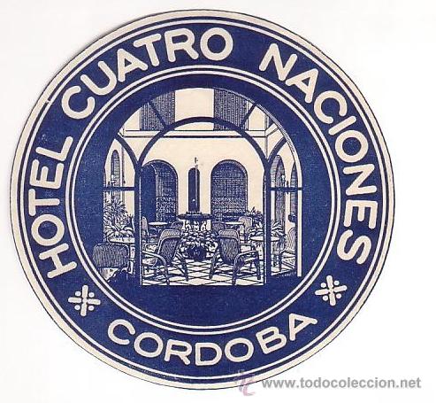 Etiquetas antiguas: Etiqueta Hotel-ESPA&Ntilde;A -HOTEL CUATRO NACINES- AZUL CORDOBA-110 mmm ilustracion