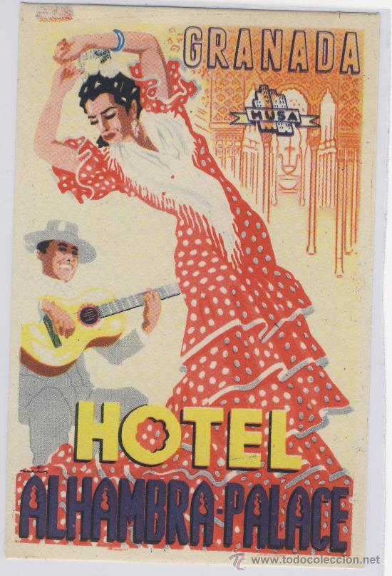 Etiquetas antiguas: Etiqueta Hotel -Espa&ntilde;aHOTEL ALHAMBRA-PALACE-1&ordf;EPOCA 1930-1975-FOURNIER -FIRMADA POR EL ILUSTRADOR