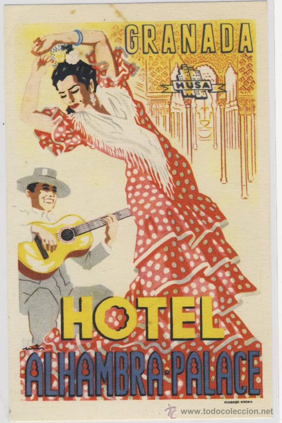 Etiquetas antiguas: Etiqueta Hotel-  CADENA HUSA-Espa&ntilde;a ALAMBRA-PALACE- 1930-1975- 105X75 mm-  Firmada por el ilustrador