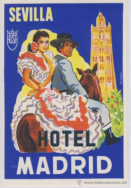 Etiquetas antiguas: Etiqueta Hotel-  CADENA HUSA - 1985-1989- HOTEL MADRID - SEVILLA -ILUSTRACION -