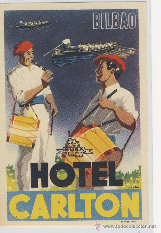 Etiquetas antiguas: Etiqueta Hotel - CADENA HUSA - 1930-1970- HOTEL CARLTON- FOURNIER- FIRMADA POR EL ILUSTRADOR