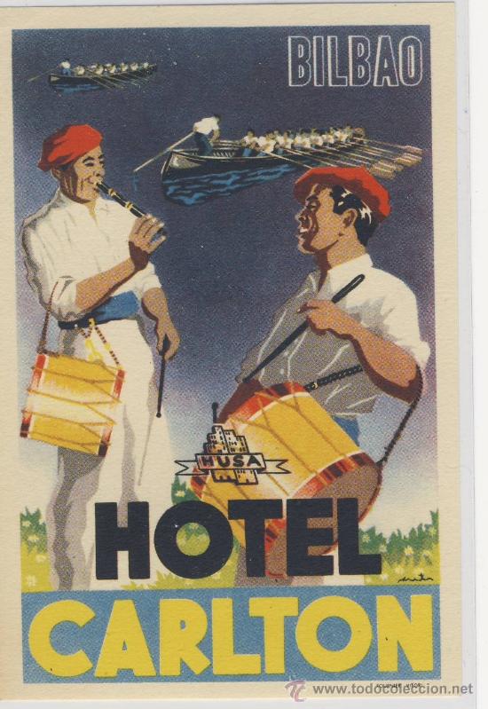Etiquetas antiguas: Etiqueta Hotel - CADENA HUSA 1930-1970- HOTEL CARLTON-BILBAO- FOURNIER ILUSTRACION FIRMADA