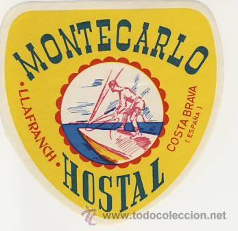 Etiquetas antiguas: Etiqueta Hotel -GERONA  - HOSTAL   MONTECARLO-MEDIDAS 82 X 85 mm
