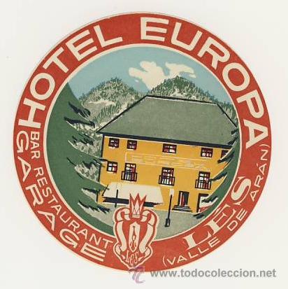 Etiquetas antiguas: Etiqueta Hotel -ESPA&Ntilde;A -HOTEL EUROPA- LES- LERIDA- ILUSTRACION TODO COLOR - DIAMETRO 95  mm