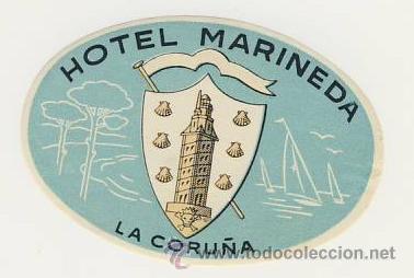 Etiquetas antiguas: Etiqueta Hotel -HOTEL MARINEDA- -LA CORU&Ntilde;A - ILUSTRACION- OVAL 80 X 56 mm