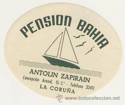 Etiquetas antiguas: ETIQUETA HOTEL-ESPA&Ntilde;A -PENSION BAHIA- -LA CORU&Ntilde;A - ILUSTRACION-MEDIDAS OVAL 100X 80