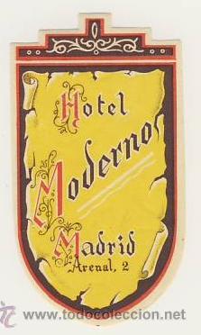 Etiquetas antiguas: Etiqueta Hotel -HOTEL MODERNOS - MADRID  - ILUSTRACION COLOR-MEDIDAS  75 X  50