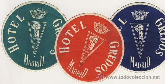 Etiquetas antiguas: Etiqueta Hotel -HOTEL GREDOS - MADRID  - TRES ETIQUETA - AZUL -ROJO-VERDE -DIAMETRO 89  mm