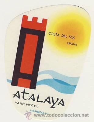 Etiquetas antiguas: Etiqueta Hotel -ESPA&Ntilde;A -HOTEL ATALAYA - MARBELLA - MALAGA - ILUSTRACION -MEDIDAS 100 X 65-