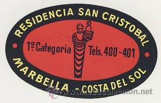 Etiquetas antiguas: Etiqueta Hotel  -ESPA&Ntilde;A   -HOTEL  SAN CRISTOBAL - MARBELLA  - MALAGA - ILUSTRACION .-OVAL 75X45