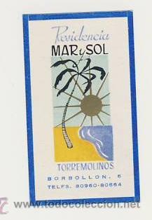 Etiquetas antiguas: Etiqueta Hotel - ESPA&Ntilde;A HOTEL RESIDENCIA MAR Y SOL - TORREMOLINOS -MALAGA- Buena ilustracion -