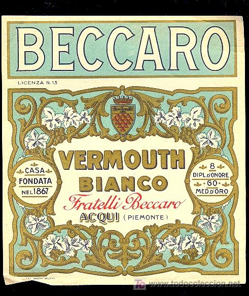 Etiquetas antiguas: ETIQUETA DE VERMOUTH BLANCO. BECCARO. PIEMONTE. - Foto 1