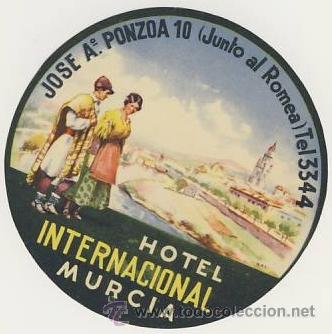 Etiquetas antiguas: Etiqueta Hotel  -HOTEL INTERNACIONAL- MURCIA -ILUSTRACION COLOR - DATADA-MEDIDAS DIAMETRO 48 mm DATA