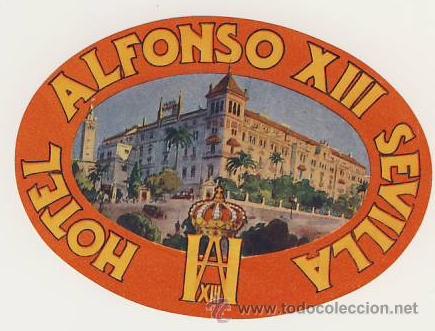 Etiquetas antiguas: Etiqueta Hotel - HOTEL ALFONSO XIII- FORMATO 1 -  -SEVILLA  - ILUSTRACION-OVAL 105X76 mm