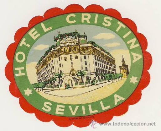 Etiquetas antiguas: Etiqueta Hotel- SEVILLA - HOTEL CRISTINA FORMATO 3-SEVILLA - 110 X 85 mm - ILUSTRACION MUY BUENA